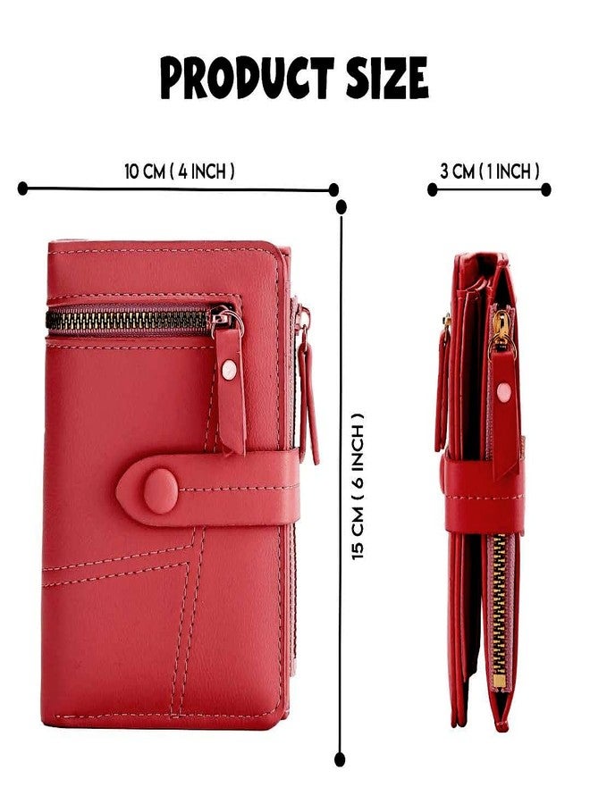 Elios Women's Wallet Vegan Leather Bifold Small Card Holder Coin Holder Compact Ladies Purse with 12 Card Slots, Zipper Pocket and RFID Blocking | Snap Closure | Mini Purse for Women (Red) - Image 3